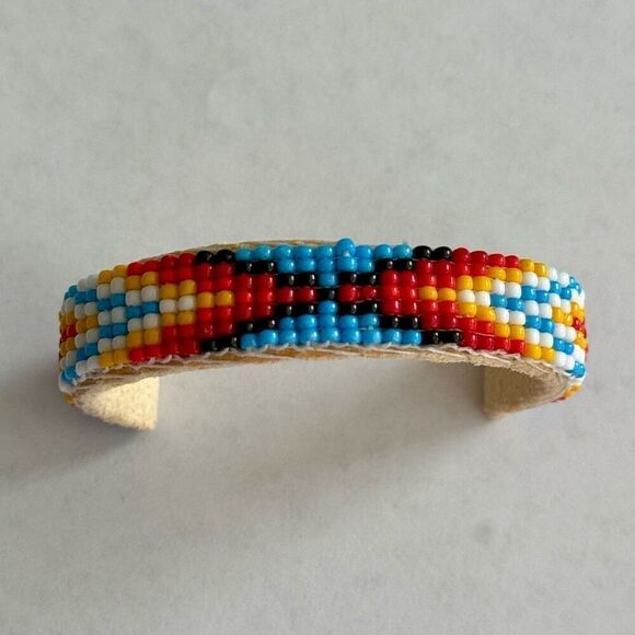 Navajo Handmade Seed Beaded Children’s Open Cuff Leather Bracelet New - Picture 1 of 6